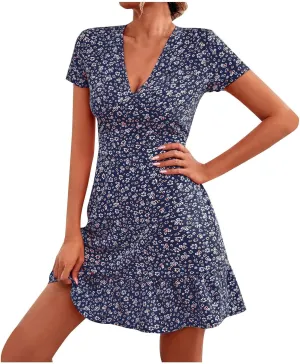 Women's Dresses Casual Summer Deep V-Neck Floral Print Sundress Sexy Casual High Waist Short Sleeves Dress, S-2XL
