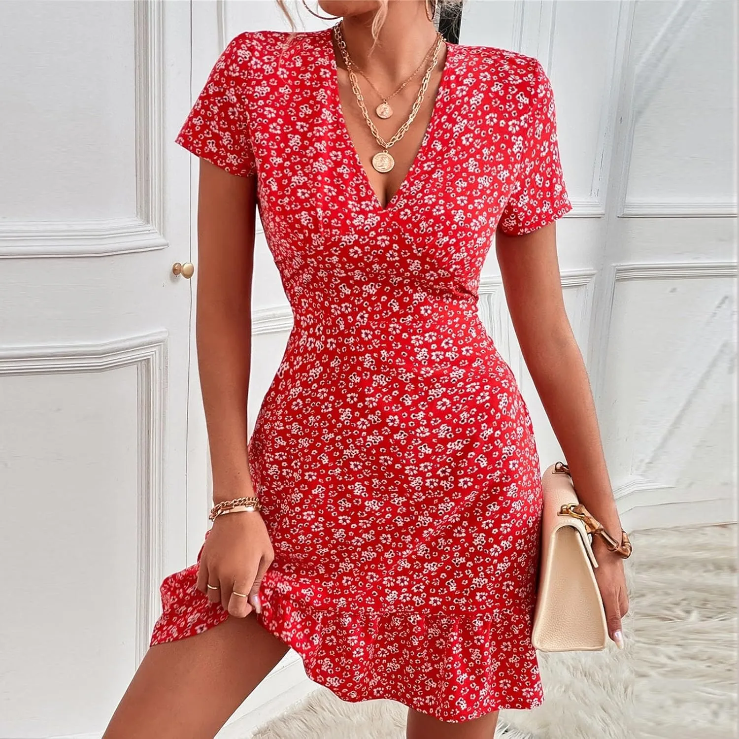 Women's Dresses Casual Summer Deep V-Neck Floral Print Sundress Sexy Casual High Waist Short Sleeves Dress, S-2XL