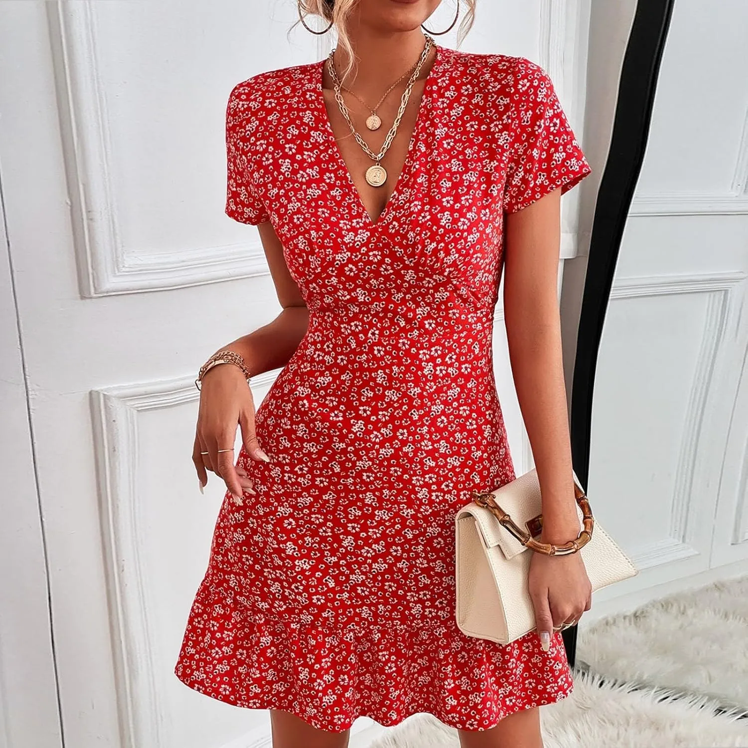 Women's Dresses Casual Summer Deep V-Neck Floral Print Sundress Sexy Casual High Waist Short Sleeves Dress, S-2XL