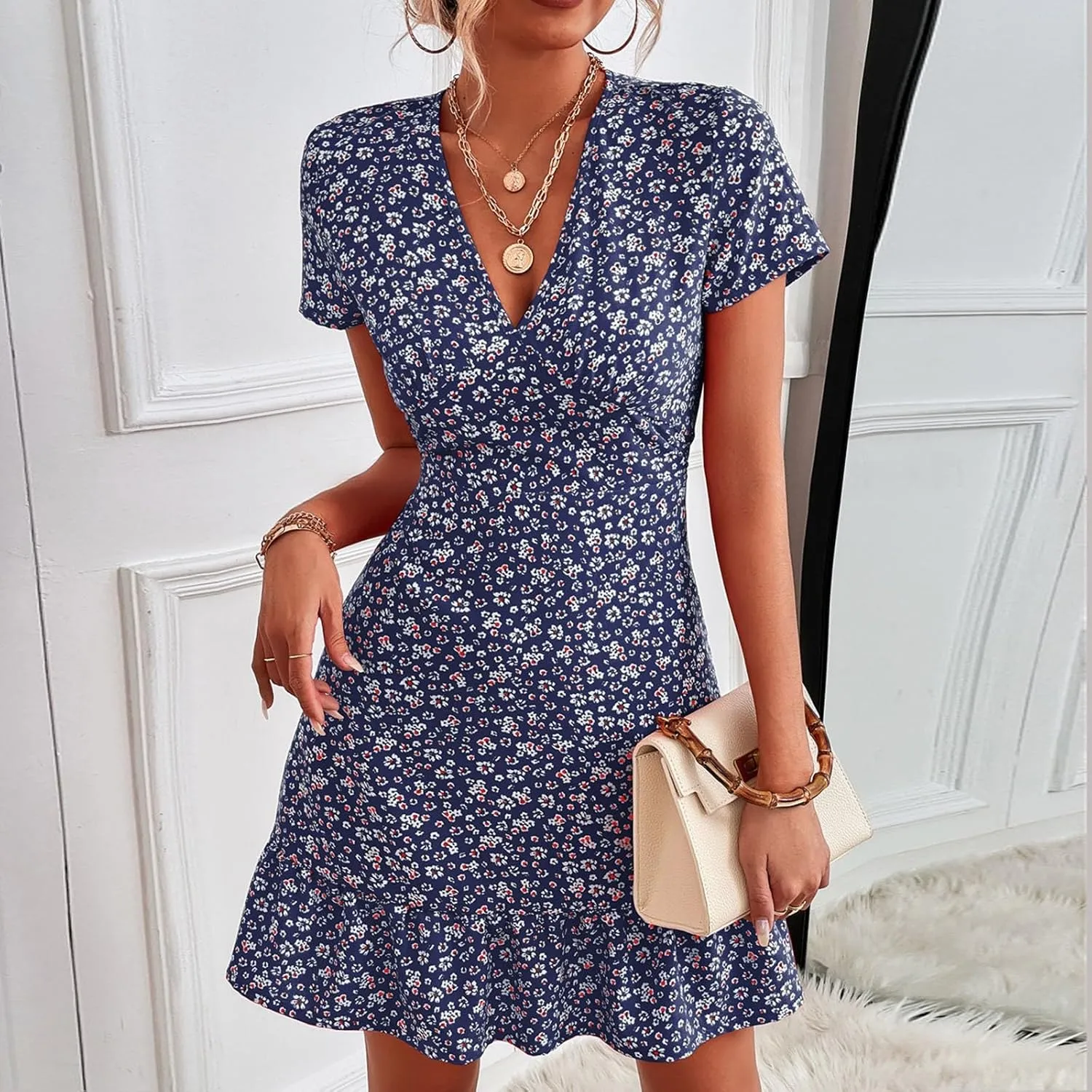 Women's Dresses Casual Summer Deep V-Neck Floral Print Sundress Sexy Casual High Waist Short Sleeves Dress, S-2XL