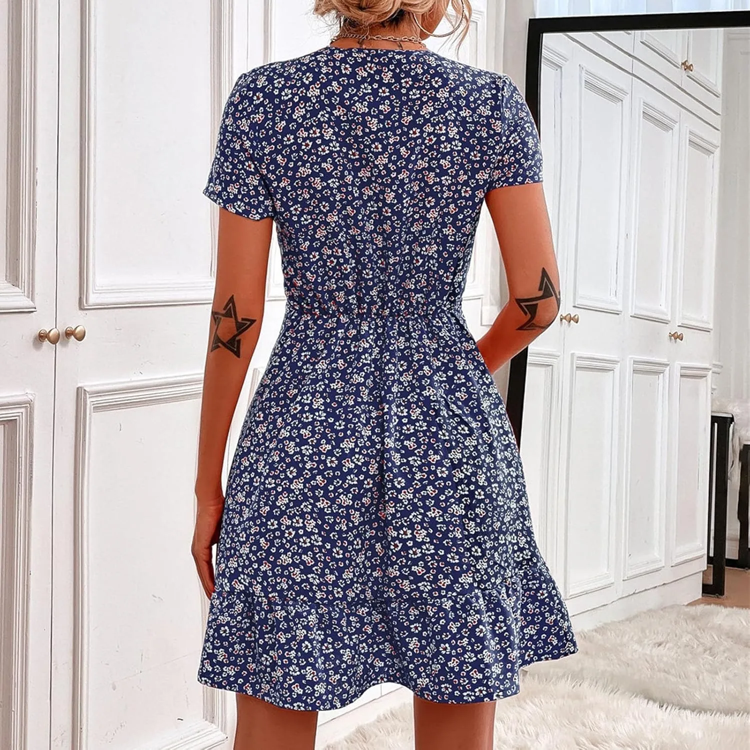 Women's Dresses Casual Summer Deep V-Neck Floral Print Sundress Sexy Casual High Waist Short Sleeves Dress, S-2XL