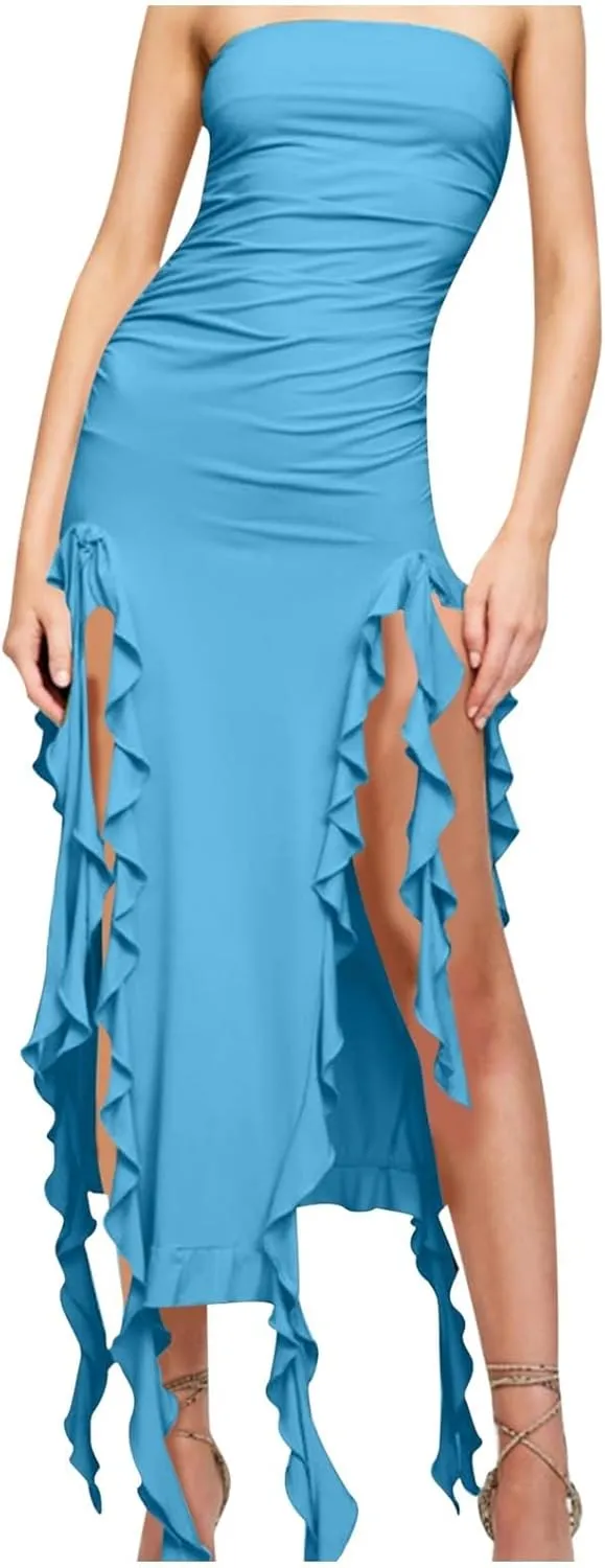 Women's Fashion Dresses Strapless Sexy Wrap Summer Casual Dress Solid Beach Vacation Maxi Bodycon Dresses