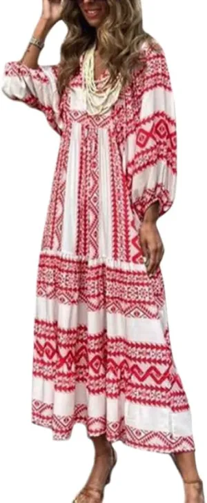 Womens Floral Maxi Dresses V-Neck Puff Sleeve French Long Dress Oversized Trendy Flowy Summer Dresses for Women 2024