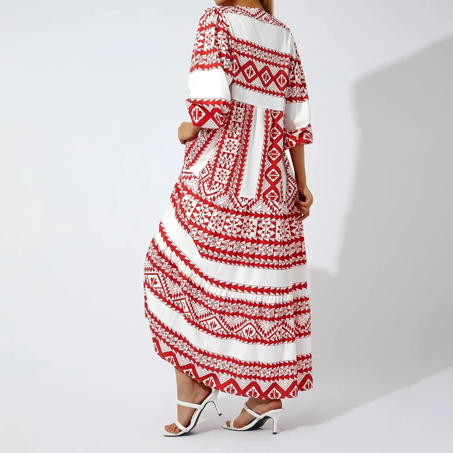 Womens Floral Maxi Dresses V-Neck Puff Sleeve French Long Dress Oversized Trendy Flowy Summer Dresses for Women 2024