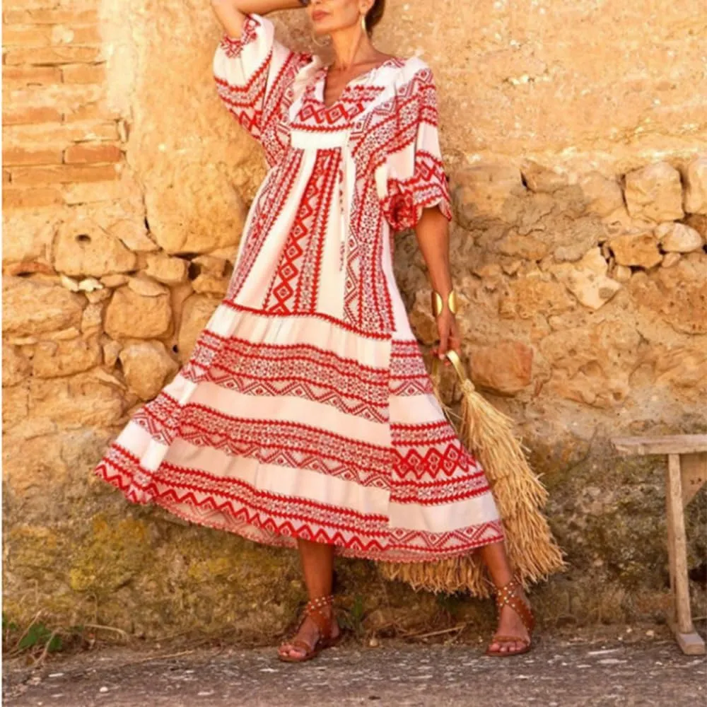 Womens Floral Maxi Dresses V-Neck Puff Sleeve French Long Dress Oversized Trendy Flowy Summer Dresses for Women 2024