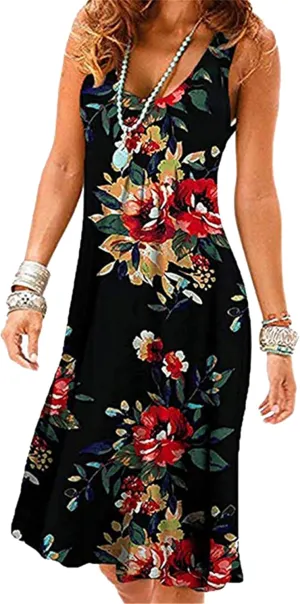 Women's Floral Print Swing Tank Dress Crew Neck Cinched Waist Sundress Lightweight Dressy Midi Dresses