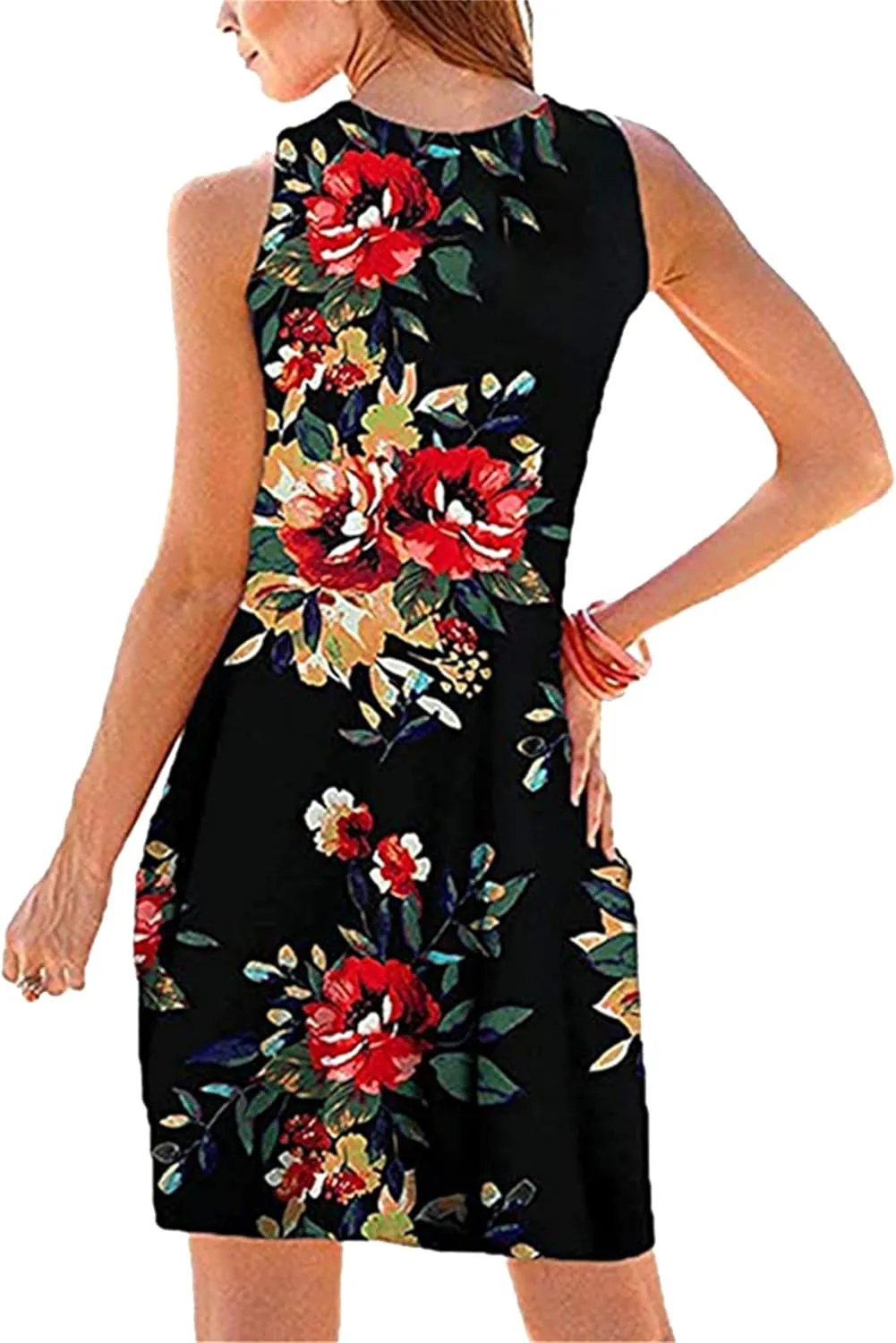 Women's Floral Print Swing Tank Dress Crew Neck Cinched Waist Sundress Lightweight Dressy Midi Dresses