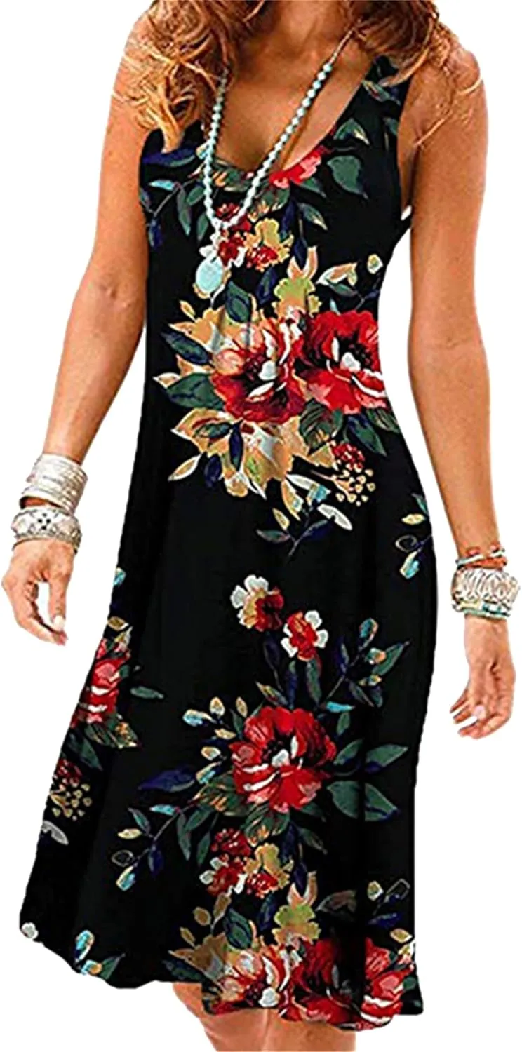 Women's Floral Print Swing Tank Dress Crew Neck Cinched Waist Sundress Lightweight Dressy Midi Dresses