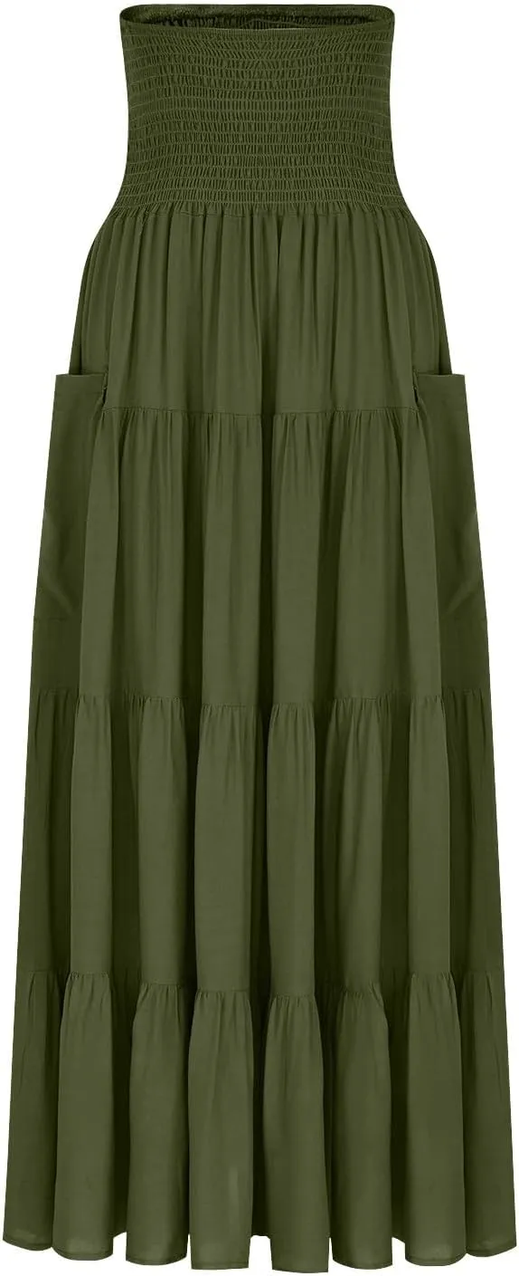 Womens Flowy Pleated Skirts High Elastic Waist A Line Boho Casual Midi Long Skirt Summer Casual Beach Cute Skirt