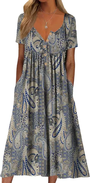 Women's Flowy Summer Boho Floral Short Sleeve Button Maxi Dress Casual Loose Beach Vacation Dress with Pockets