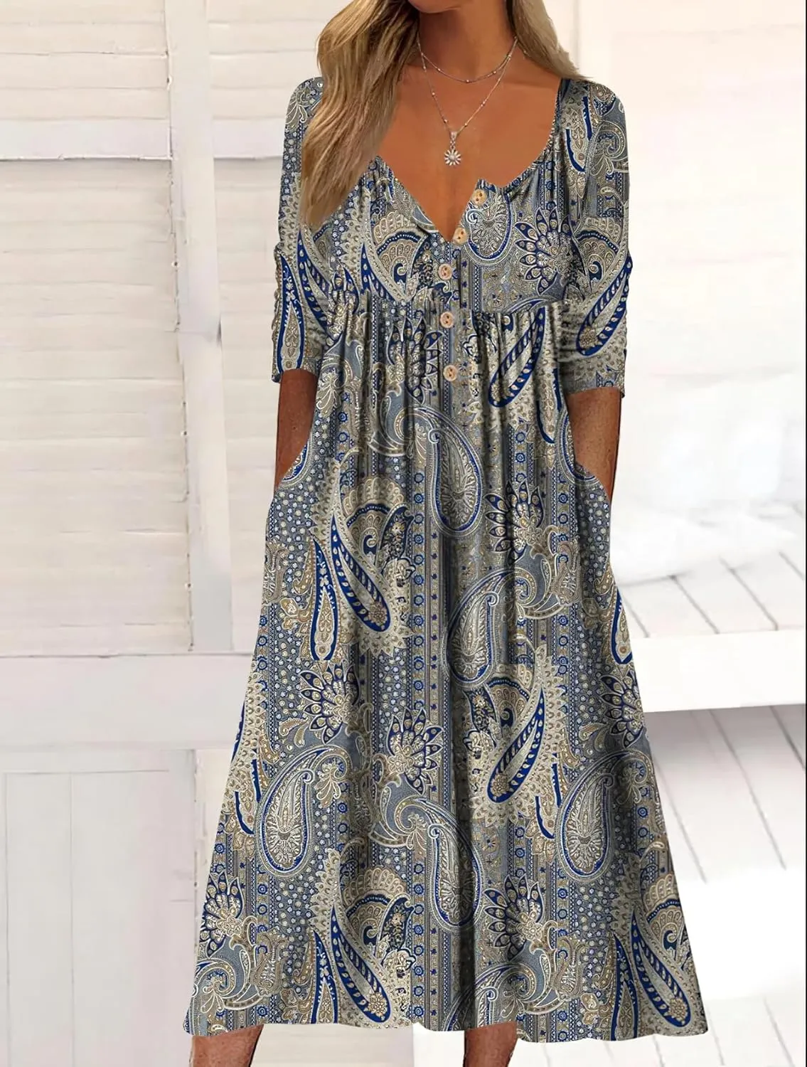 Women's Flowy Summer Boho Floral Short Sleeve Button Maxi Dress Casual Loose Beach Vacation Dress with Pockets