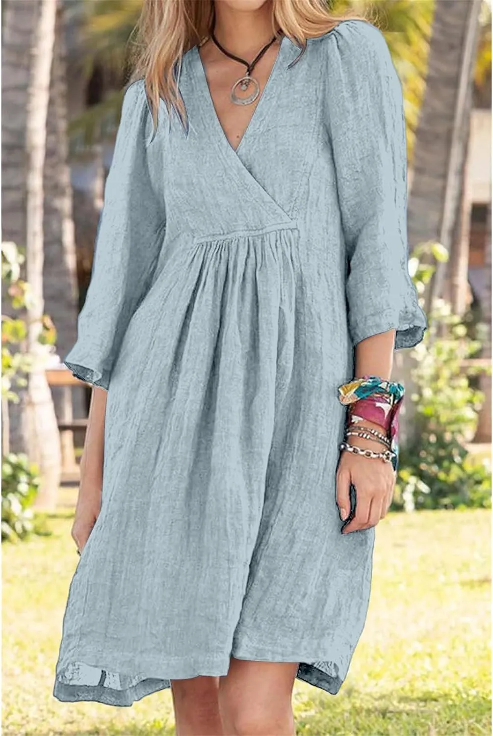Womens Linen Dress Summer Casual A-line Dresses 3/4 Sleeve Knee Length Ruched Midi Dress V Neck Shift Dresses 2025
