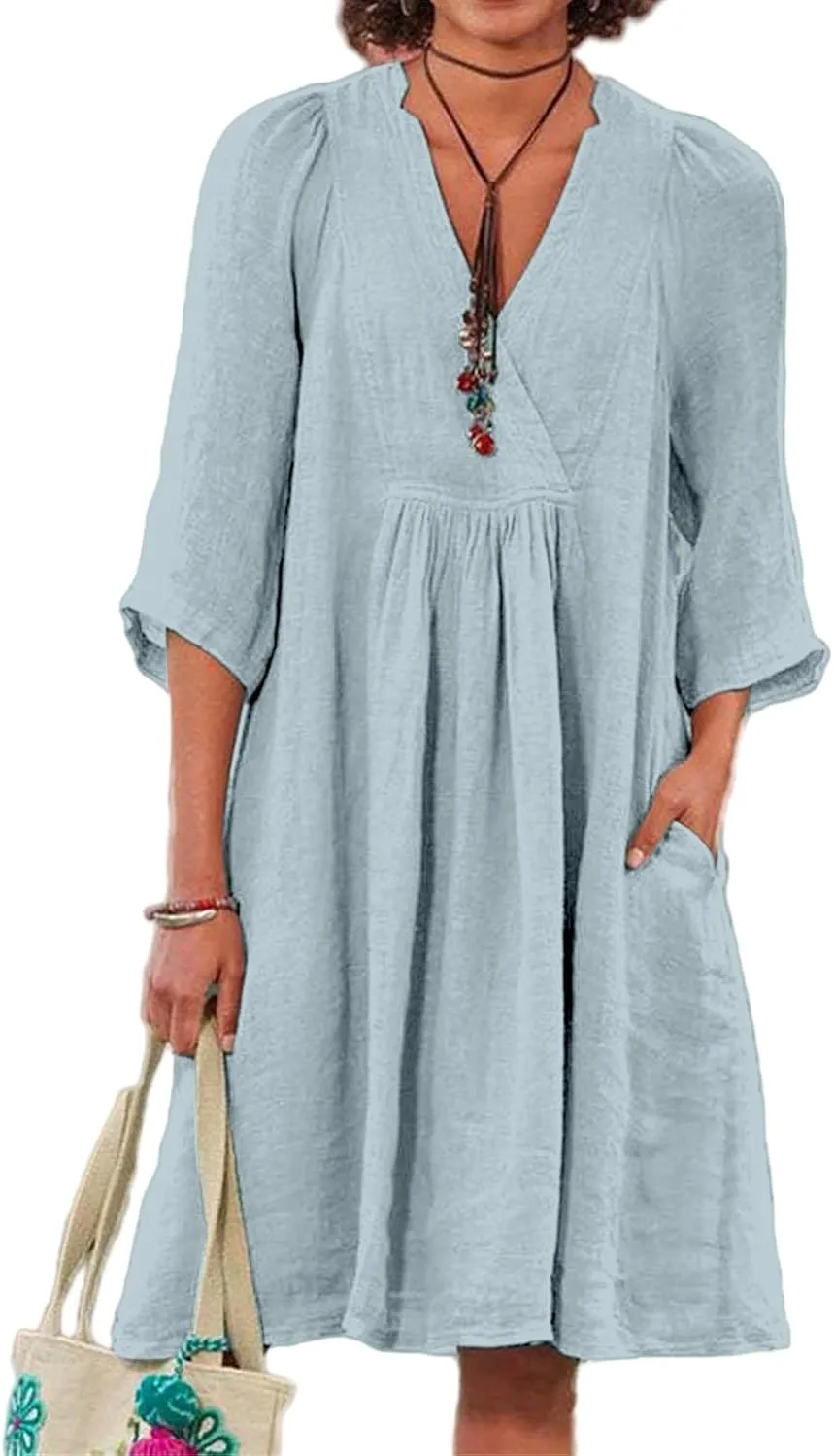 Womens Linen Dress Summer Casual A-line Dresses 3/4 Sleeve Knee Length Ruched Midi Dress V Neck Shift Dresses 2025
