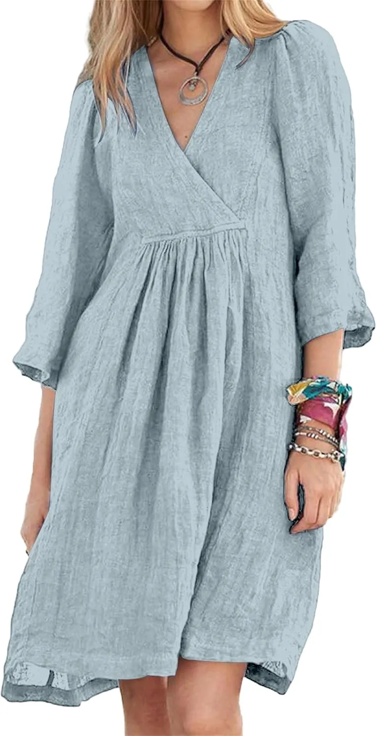 Womens Linen Dress Summer Casual A-line Dresses 3/4 Sleeve Knee Length Ruched Midi Dress V Neck Shift Dresses 2025