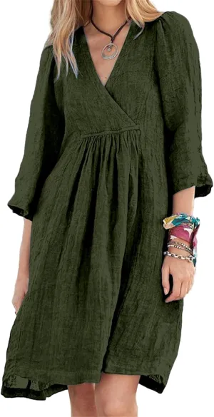 Womens Linen Dress Summer Casual A-line Dresses 3/4 Sleeve Knee Length Ruched Midi Dress V Neck Shift Dresses 2025