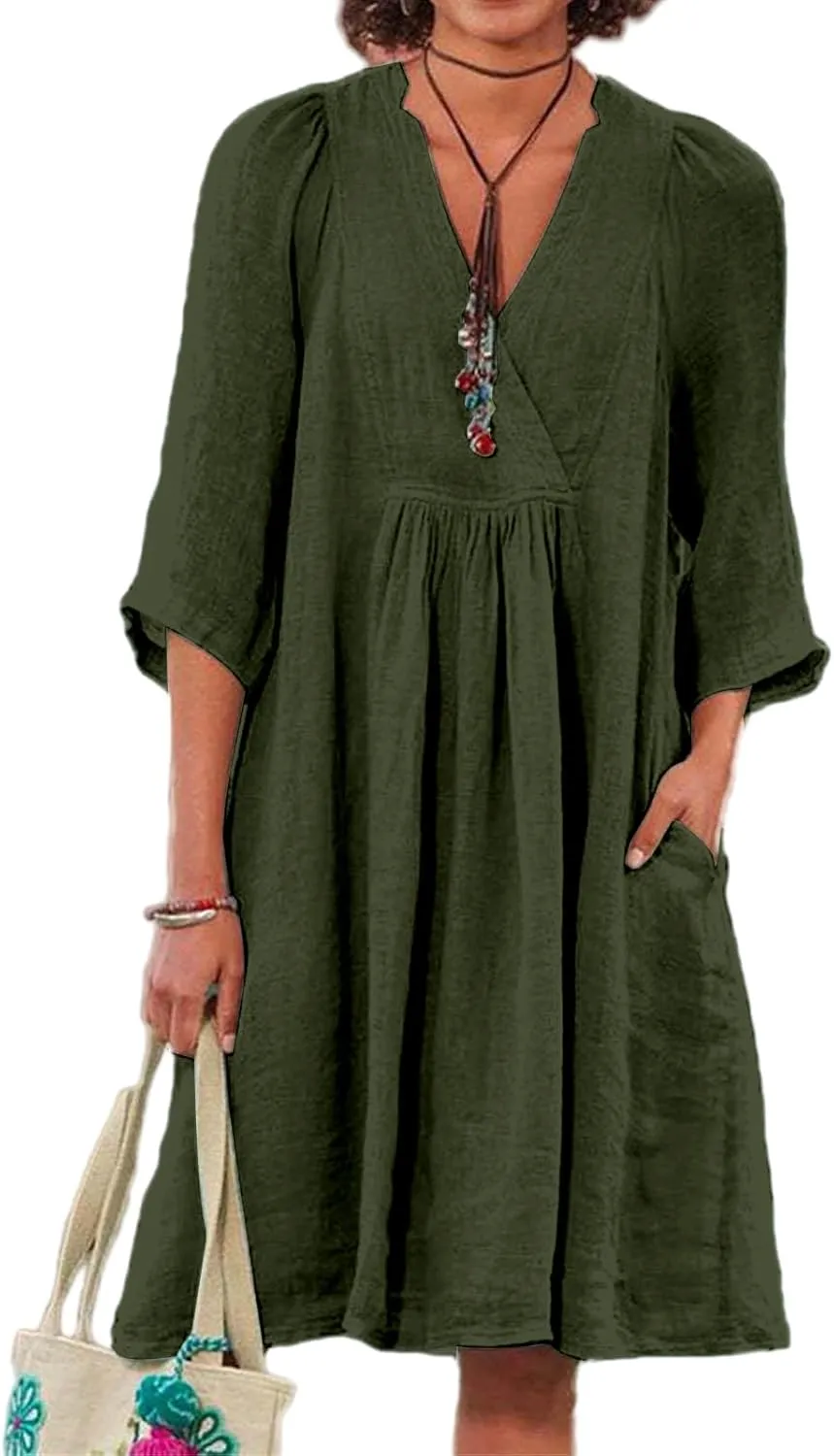 Womens Linen Dress Summer Casual A-line Dresses 3/4 Sleeve Knee Length Ruched Midi Dress V Neck Shift Dresses 2025