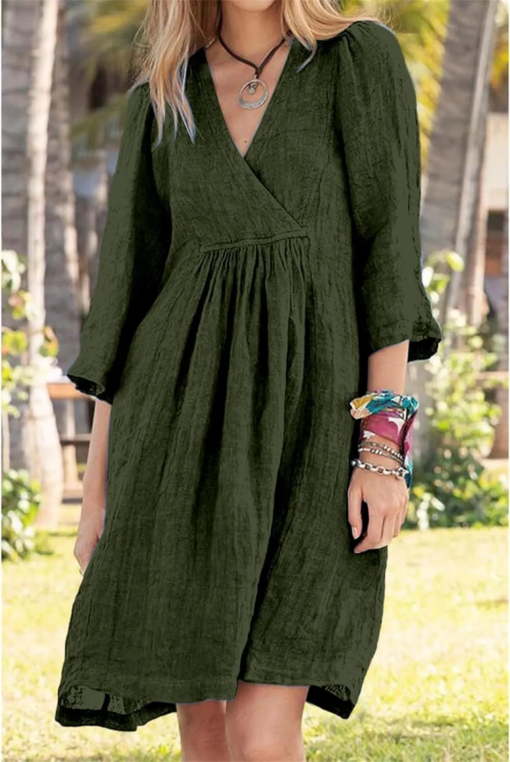 Womens Linen Dress Summer Casual A-line Dresses 3/4 Sleeve Knee Length Ruched Midi Dress V Neck Shift Dresses 2025