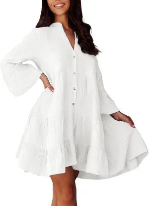 Women's Long Sleeve Botton Ruffle Dresses Casual Loose Swing Mini Dress Casual Skirts for Women 2024