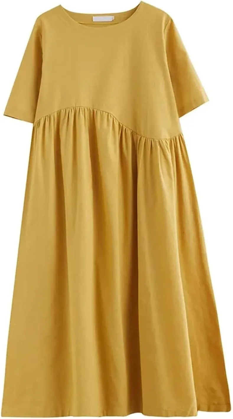 Women's Plus Size Casual Cotton Linen Dress Summer Tunic Casual Midi Dresses with Pockets