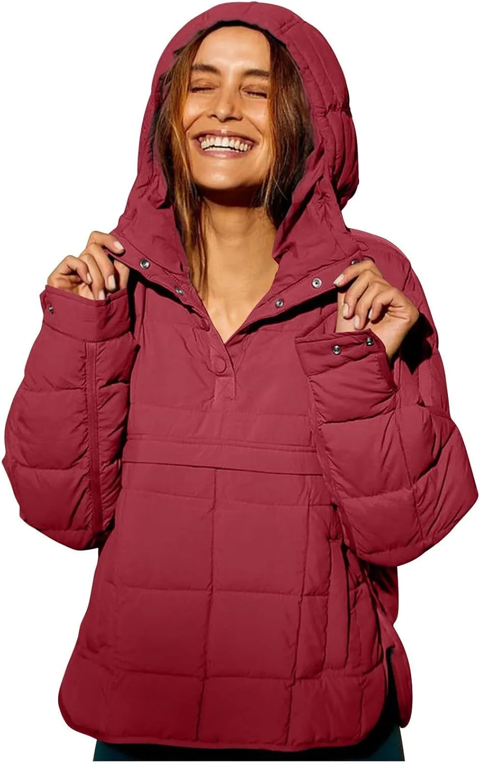 Women's Quilted Pullover Puffer Jacket Hooded Oversize Coat Tops Winter Warm Padded Hoodies Outwear with Pockets