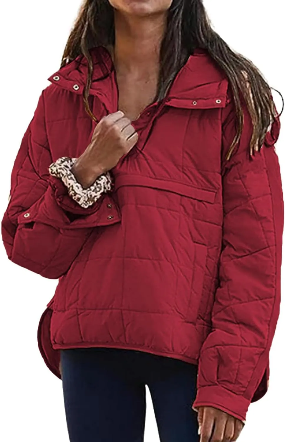 Women's Quilted Pullover Puffer Jacket Hooded Oversize Coat Tops Winter Warm Padded Hoodies Outwear with Pockets