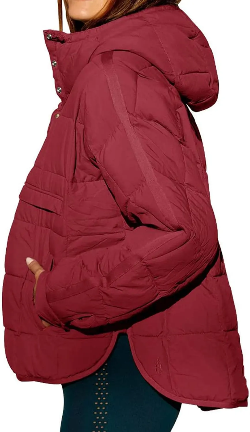 Women's Quilted Pullover Puffer Jacket Hooded Oversize Coat Tops Winter Warm Padded Hoodies Outwear with Pockets