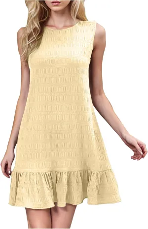 Women's Ruffle Hem Sleeveless Tank Dress Round Neck Casual Smock Summer Mini Dresses Ruffle Hem Sundress Casual Mini Dresses