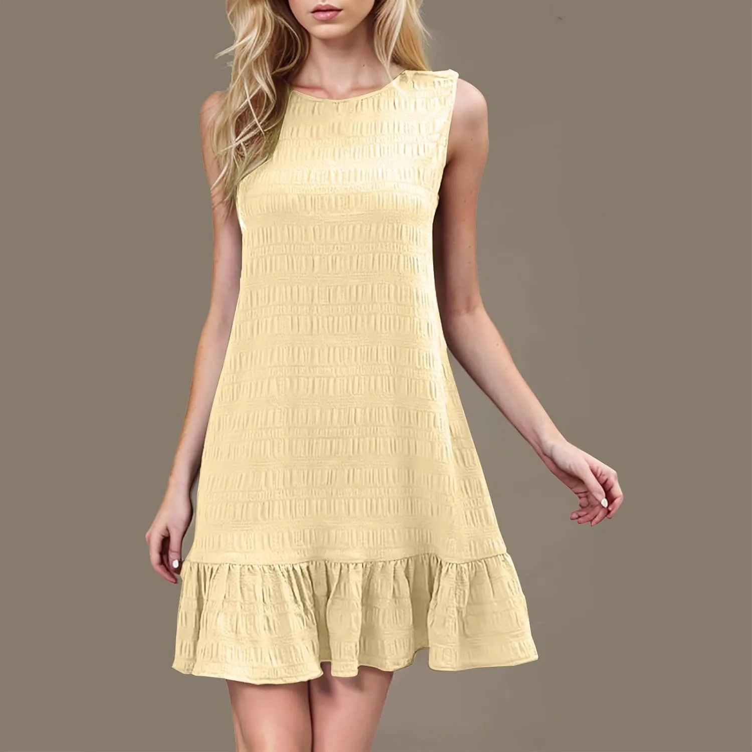 Women's Ruffle Hem Sleeveless Tank Dress Round Neck Casual Smock Summer Mini Dresses Ruffle Hem Sundress Casual Mini Dresses