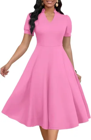 Womens Short Puff Sleeve V Neck Casual Semi-Formal Cocktail Party A-Line Dress