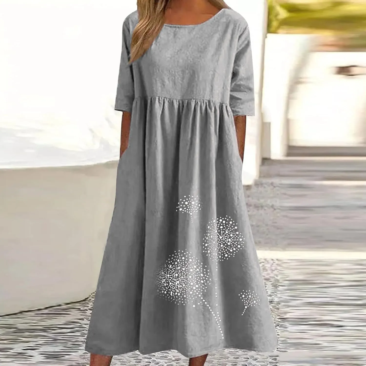 Womens Short Sleeve Casual Midi Dresses Cute Flower Graphic Print Sun Dresses Casual Loose Beach Dress with Pockets