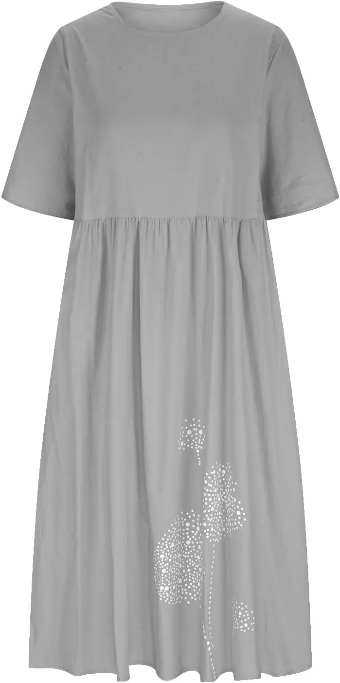 Womens Short Sleeve Casual Midi Dresses Cute Flower Graphic Print Sun Dresses Casual Loose Beach Dress with Pockets