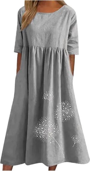 Womens Short Sleeve Casual Midi Dresses Cute Flower Graphic Print Sun Dresses Casual Loose Beach Dress with Pockets