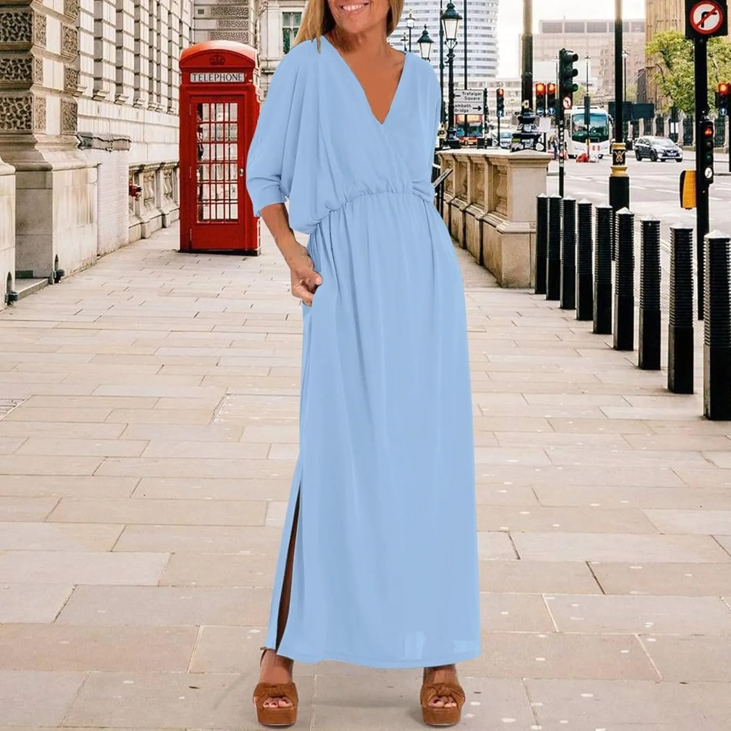 Women's Short Sleeve Loose Plain Casual Long Maxi Dresses for Women V-Neck Slit Casual Travel T-Shirt Dress