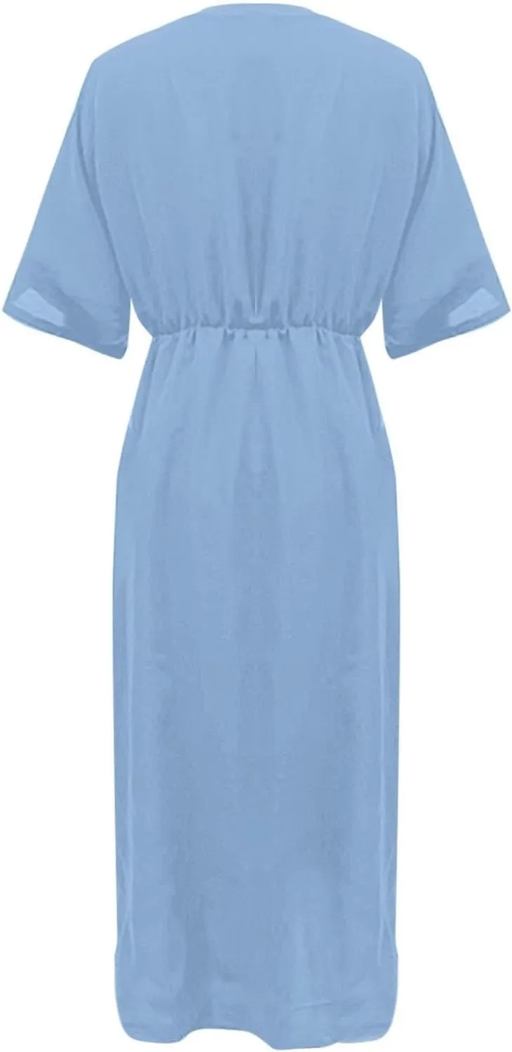 Women's Short Sleeve Loose Plain Casual Long Maxi Dresses for Women V-Neck Slit Casual Travel T-Shirt Dress