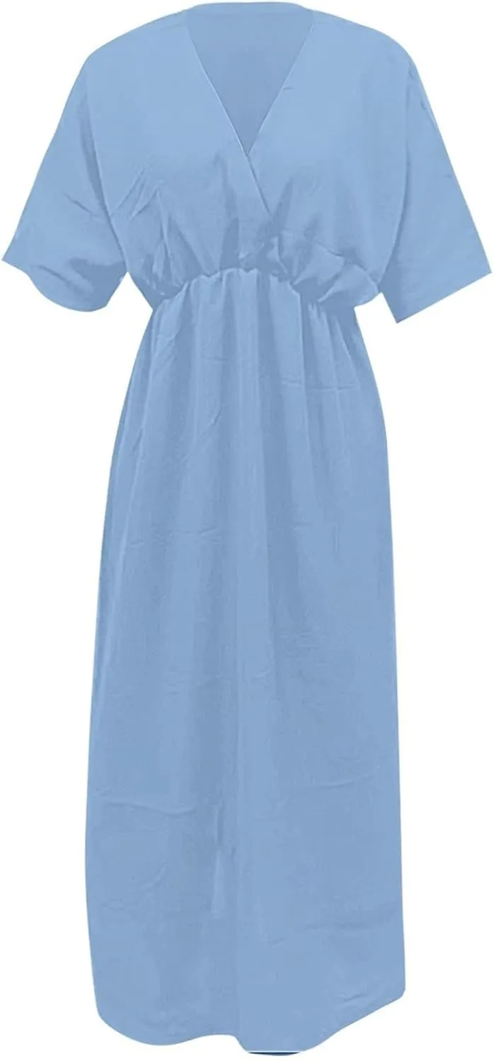 Women's Short Sleeve Loose Plain Casual Long Maxi Dresses for Women V-Neck Slit Casual Travel T-Shirt Dress