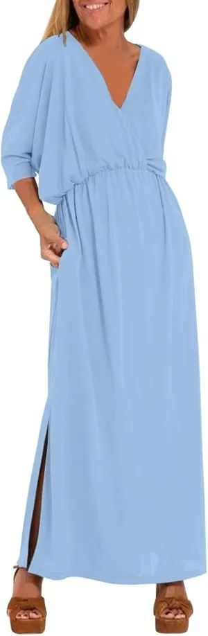 Women's Short Sleeve Loose Plain Casual Long Maxi Dresses for Women V-Neck Slit Casual Travel T-Shirt Dress