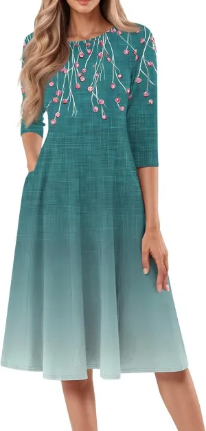Women's Sleeveless Dress Quarter Sleeves Round Neck Flounce Print Pocket Beach Vacation Elegant Midi Dress, S-3XL
