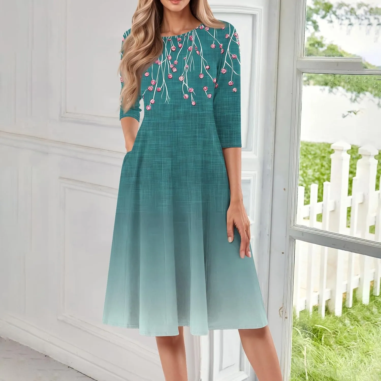 Women's Sleeveless Dress Quarter Sleeves Round Neck Flounce Print Pocket Beach Vacation Elegant Midi Dress, S-3XL