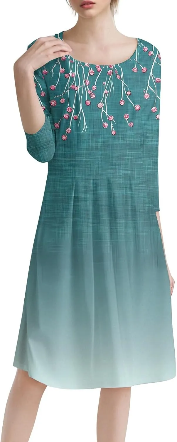Women's Sleeveless Dress Quarter Sleeves Round Neck Flounce Print Pocket Beach Vacation Elegant Midi Dress, S-3XL