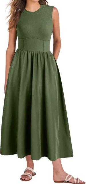 Women's Spring Dresses Casual Fashion Round Neck Sleeveless Solid Irregular Hem Midi Dress Summer Clothes, S-3XL