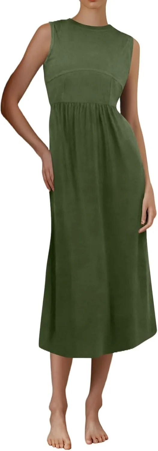 Women's Spring Dresses Casual Fashion Round Neck Sleeveless Solid Irregular Hem Midi Dress Summer Clothes, S-3XL