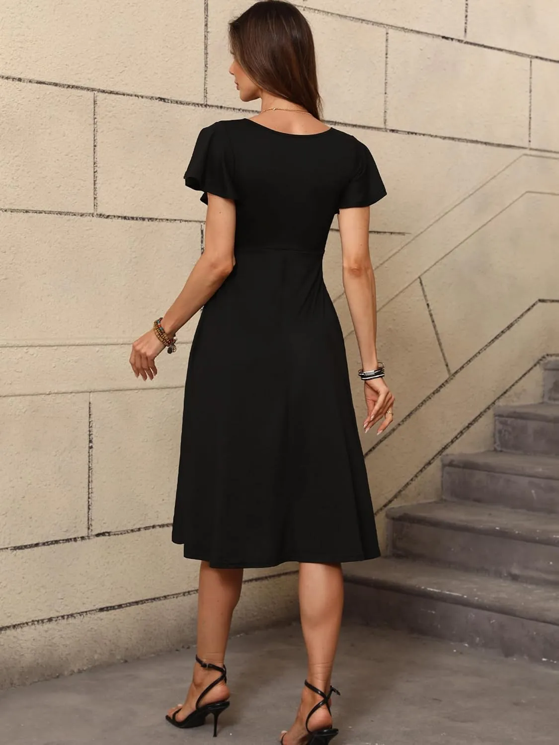 Women's Spring Summer Casual Ruffle Short Sleeve Wrap V-Neck A-Line Loose Fit Swing Party Midi Dress with Pockets