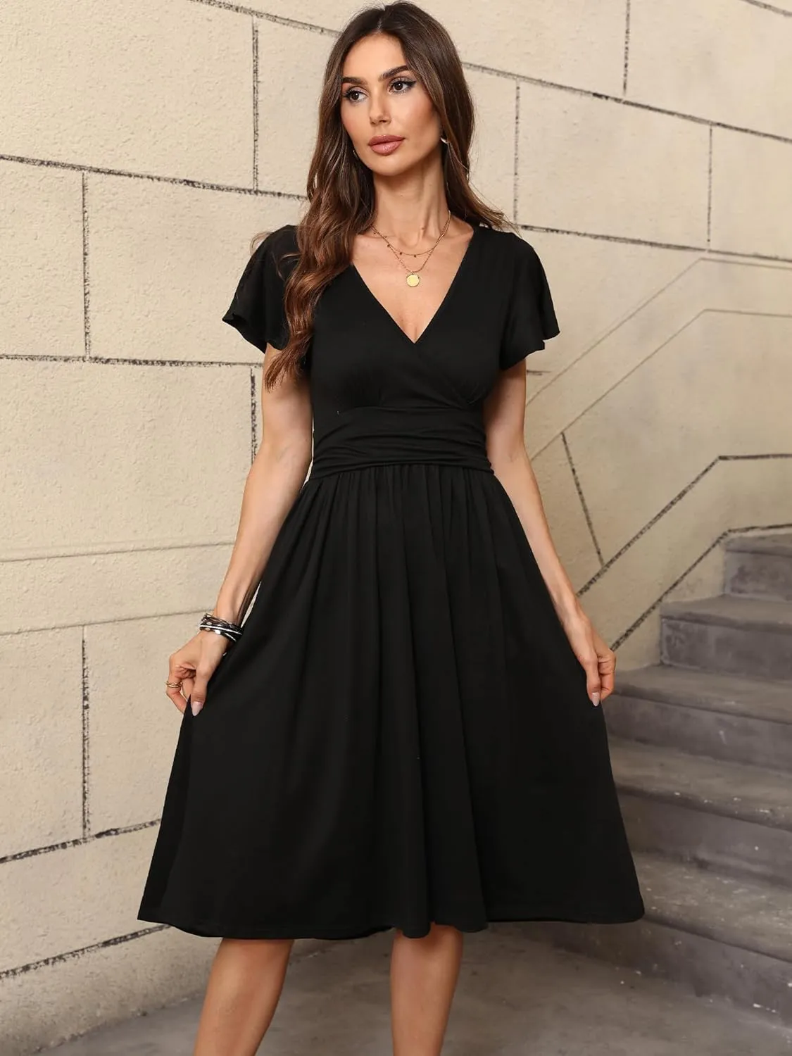 Women's Spring Summer Casual Ruffle Short Sleeve Wrap V-Neck A-Line Loose Fit Swing Party Midi Dress with Pockets