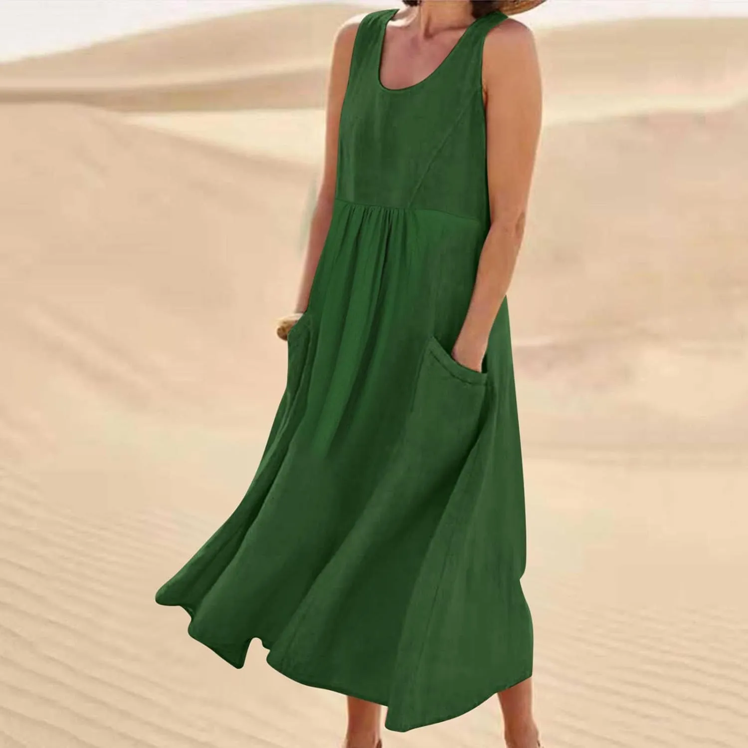 Womens Spring Summer Dresses Casual Round Neck Pleated Solid Color Beach Dress Swing Pleated Casual Vacation Dresses