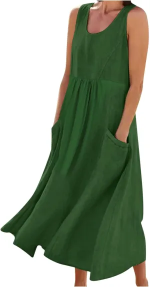 Womens Spring Summer Dresses Casual Round Neck Pleated Solid Color Beach Dress Swing Pleated Casual Vacation Dresses