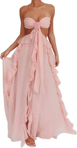 Womens Strapless Cut Out Wedding Dresses Ruffle Bridal Tube Dresses Evening Maxi Dress Bridal Long Gowns
