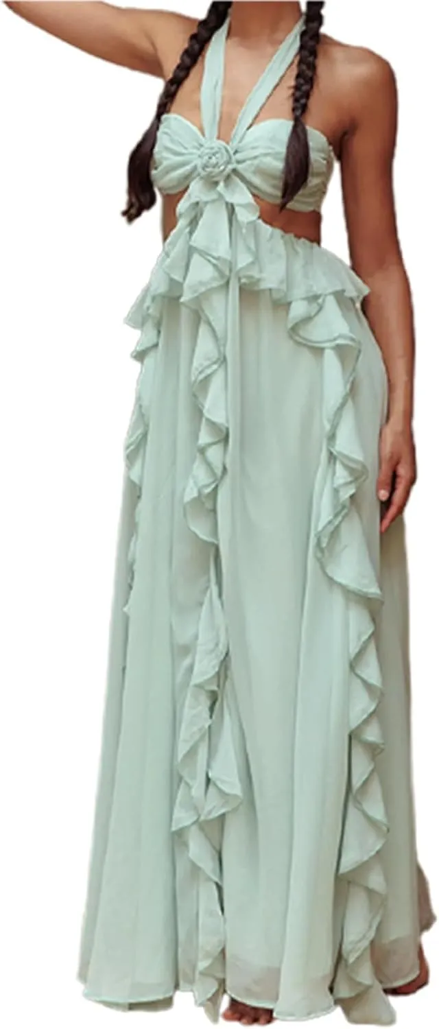 Womens Strapless Cut Out Wedding Dresses Ruffle Bridal Tube Dresses Evening Maxi Dress Bridal Long Gowns