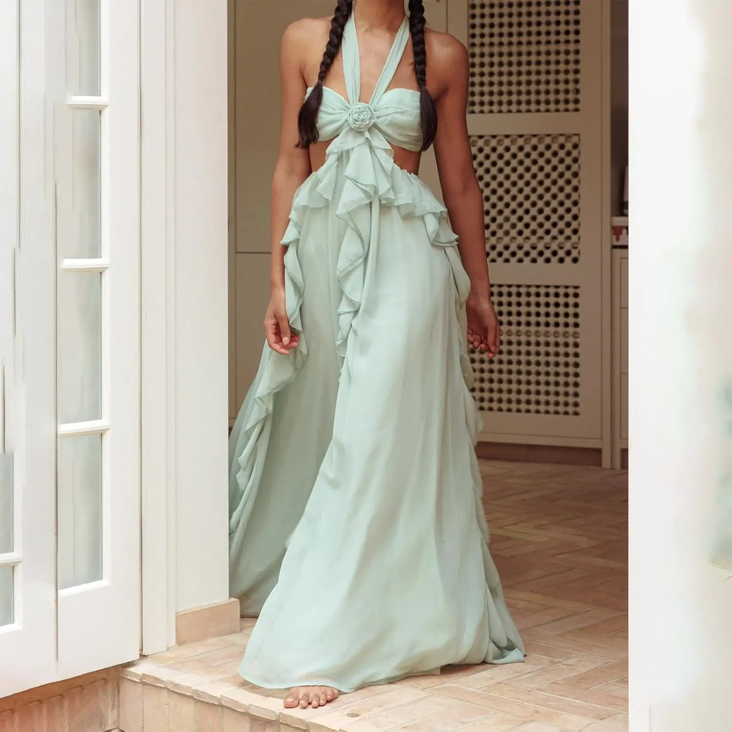 Womens Strapless Cut Out Wedding Dresses Ruffle Bridal Tube Dresses Evening Maxi Dress Bridal Long Gowns