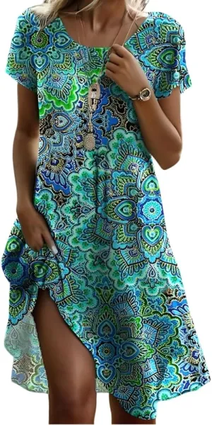 Women's Summer Boho Floral Crewneck Tshirt Dress Casual Loose Short Sleeve Swing Flowy Tunic Midi Dresses with Pockets
