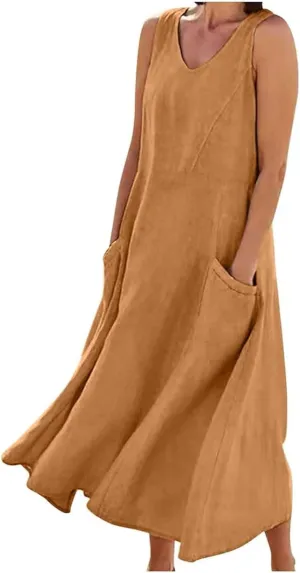 Women's Summer Casual Loose Sundresd Women's Summer Casual Sleeveless Long Maxi Beach Dress Cotton Linen Summer